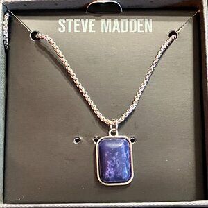 Steve Madden Blue Square Pendant Necklace 18" Silver Tone Chain Unisex Modern